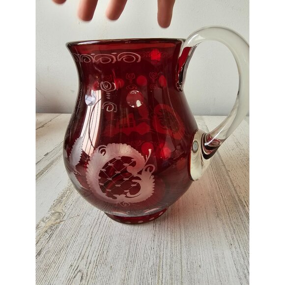 Vintage ergermann Bohemian red cut glass pitcher jug deer stag castle house scen - Picture 2 of 7